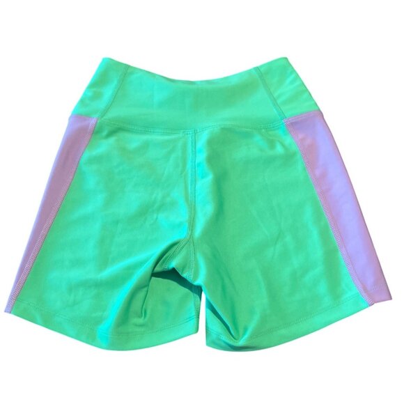 Year Of Ours XS Workout Shorts Green Tulip Purple Panels High Waist Stretch Acti - Picture 8 of 8